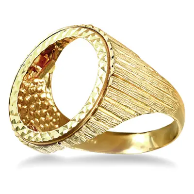 (X) Jewelco London Men's Solid 9ct Yellow Gold Ribbed Barked Half Sovereign Mount Ring - JRN183-