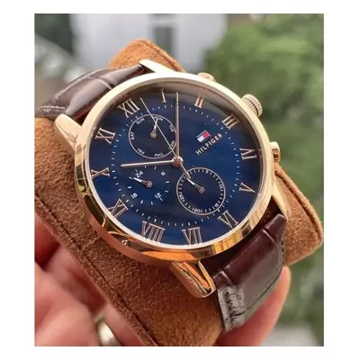 TOMMY HILFIGER MENS WATCH BROWN STRAP BLUE DIAL ROSE GOLD CASE