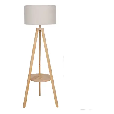 (Beige Tripod Lamp) 3-Tier LED Floor Lamp Wooden Shelf with Storage