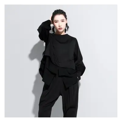 (black, L) Women Top Female T-shirts Fake Two-piece Straight Stitching Tide Brand Long-sleeved T