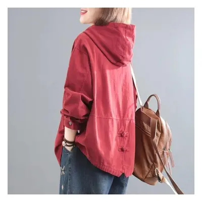 (red, XL) Hooded Denim Jacket Women&apos;s Casual Clothing Spring Autumn Loose Fit Cropped Work 