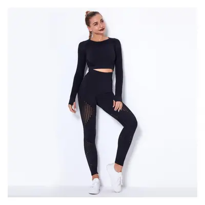 (black, L) Women&apos;s Seamless Mesh Hole Fast Drying O Neck Long Sleeve Stripe Fitness Pants Y