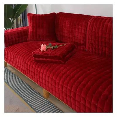 (red, 110x240cm) Solid Color Non-slip Sofa Cover Thickened Soft Plush Sofa Cushion Towel For Liv