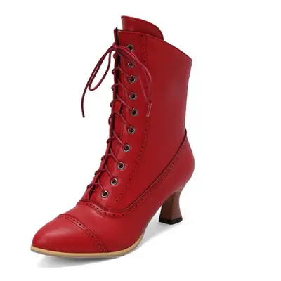 (red, 40) Annymoli Women Ankle Short Boots Pointed Toe Block High Heels Lace-up Zipper Combat Bo