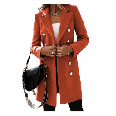 (L, Orange) Autumn Winter Women Lapel Trench Coat Long Sleeve Button Slim Mid-leng