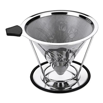 Stainless Steel Pour Over Coffee Dripper Flower Pattern Paperless Reusable Double Mesh Cone Filt