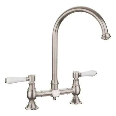 Kitchen Sink Bridge Tap Lever Swivel Spout Mono Brushed White Mixer Twin Handle