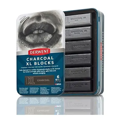 Charcoal Blocks Tin, Set of 6, 60mm Extra-Large Block, Naturally Water-soluble, Ideal for Sketch