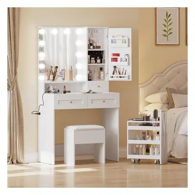 (White) Dressing Table and Stool Set, Vanity Table with LED Lights,Jewelry Hook&Ring Organiser