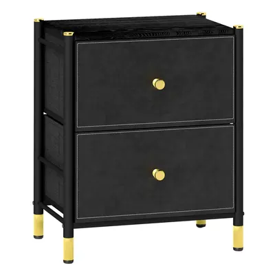 HOMCOM PU Leather Bedside Table with Drawers and Steel Legs, Black