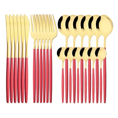 (red,gold, 24pcs with box) Luxury 24pcs Rose Gold Dinnerware Set Knife Fork Spoon Cutlery Set Wi