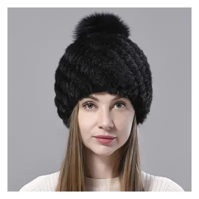 (black, One Size) Natural Mink Fur Hats Women Knitted Beanies Woolen Lining Fox Fur Pompom Warm 