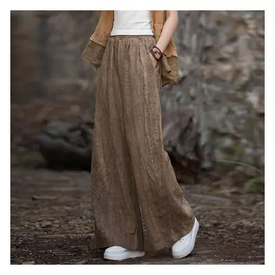 (coffee, One Size) Johnature Women Vintage Tie-dye Wide Leg Pants Elastic Waist Autumn Trouser L