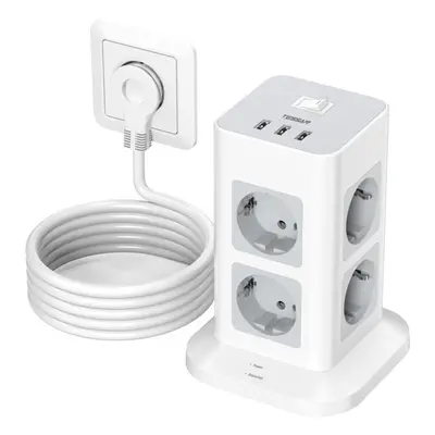 (gray, Outlets &3 USB Ports) Tessan Flat Plug Socket Strip, Way Multiple Socket With Usb, Extens