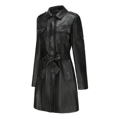 (black, 3XL) Women's Trench Coats Faux Leather Zipper Long Jackets With Belt Pockets Slim Fit Pu