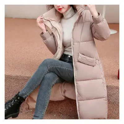 (pink, XXL) Korean Fashion Stand Collar Hooded Warm Hem Knee-length Puffer Jacket Women Winter C