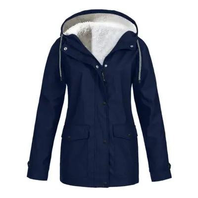 (navy blue, XL) Autumn And Winter Outdoor Hiking Jacket Plush Zipper Hooded Waterproof Warm Coat