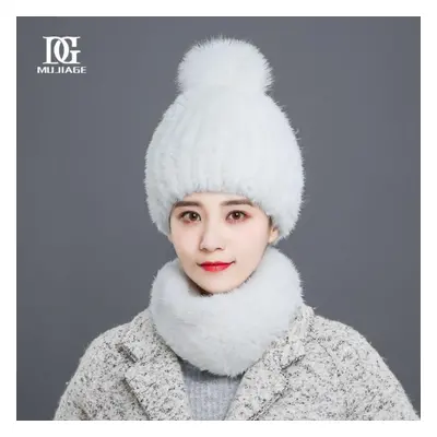 (white, Set (hat+scarf)) Hat Women&apos;s Winter New Korean Version Mink Hair Weaving Thickened 