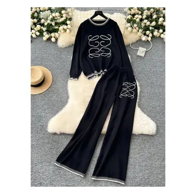 (black, One Size) Autumn Winter Knitted Two Piece Set Women Round Neck Long Sleeve Sweater+high 