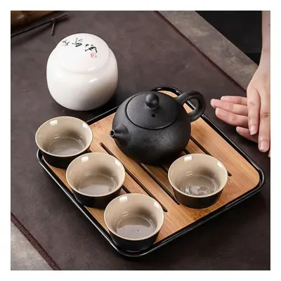 (as the picture) Light Luxury Black Pottery Stone Scoop Pot One Pot And Four Cups Tea Set Teapot