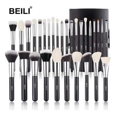 (30PCS+HOLDER) Beili Black Makeup Brushes Set Professional Natural Goat Hair Brushes Foundation 