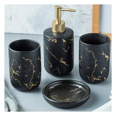 (black, 4pcs) Scandinavian Bathroom Accessories Set Marble Toothbrush Cup With Two Rinse Cups So