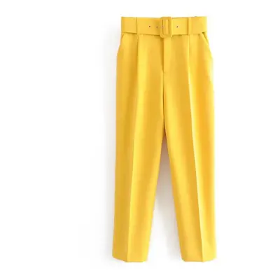 (yellow, XS) Pants Suit Women High Waist Sashes Pockets Middle Aged Long Pant