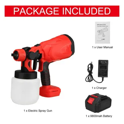 (1*10Battery Red) 800ml Cordless Electric Spray Gun High Power Home Paint Sprayer With Nozzle Fl