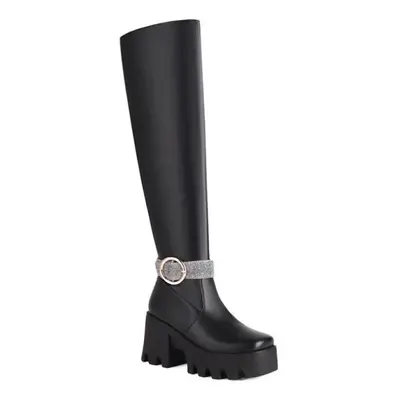 (black, 46) Annymoli Women Over-the-knee Long Boot Square Toe Platform Thick High Heels Buckle Z