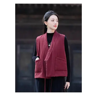 (burgundy, One Size) Johnature Women Chinese Style Bandage Vests Coats V-neck Linen Pockets Soli