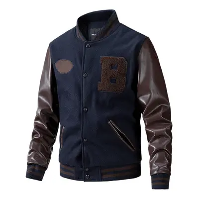 (dark blue, L) Baseball Coat Jacket Men&apos;s Autumn And Winter New Casual Color Inserted Wool 