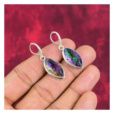 (white, 1.97 Inches) Mystic Topaz Solid Sterling Silver Earrings, Handmade Gemstone Jewelry Earr