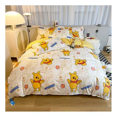 (Happy Pooh, 4Pcs-220cm (220x240m Duvet cover)) Piece Cartoon Printed Duvet Cover Bedding Set