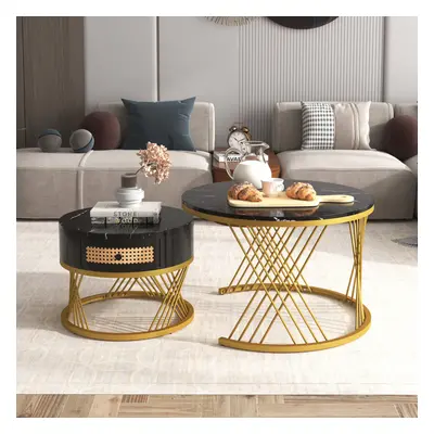 (Black+Gold) 2-in-1 Round Coffee Table Made of MDF