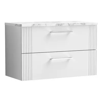 Retro Drawer Wall Hung Vanity Unit with Carrera Marble Laminate Worktop - 800mm - Satin White - 