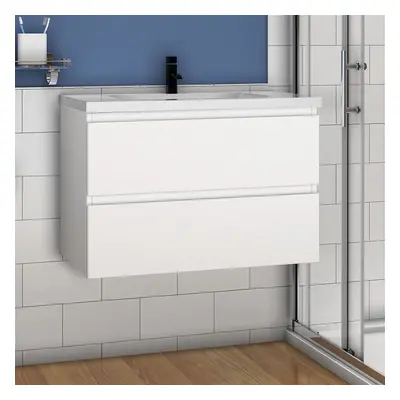 (High gloss white) 800mm Wall Hung Bathrooms Vanity Units with Ceramic Basin High Gloss