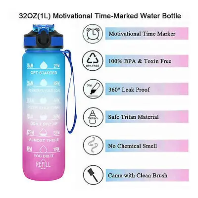 (Blue Purple) 1L Sports Water Bottle Gym Travel Drinking Leakproof Bottle With Straw