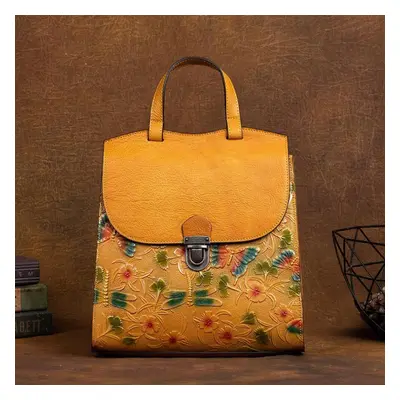 (yellow) Johnature Vintage Embossed Backpack Genuine Leather Women Bag Chinese Style Floral Natu