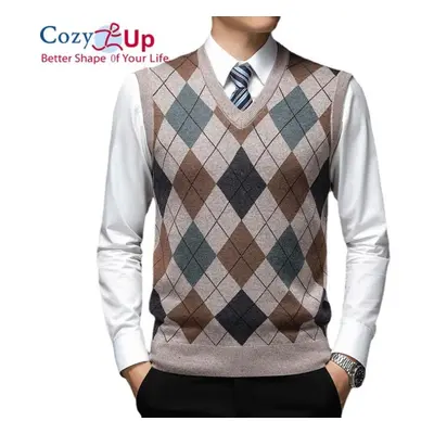 (brown, L) Cozy Up Pullover Diamond Sweater V Neck Knit Vest Men Wool Sleeveless Casual Men