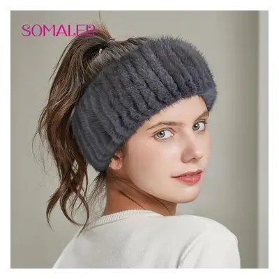 (dark grey) Somaler Winter Women&apos;s Mink Fur Headband Hand-sewn Fur Girl Headwear Fashion Fe