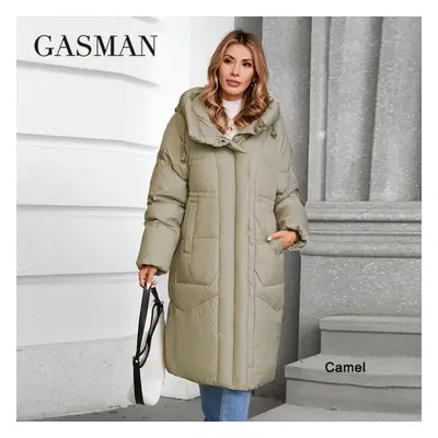 (camel, XXL) Gasman Winter Down Jacket Women Long Classic Zipper Design Pocket Stand Collar Hood