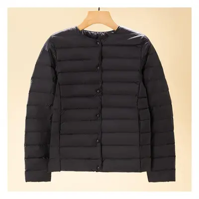 (black, M) Light Down Jacket Women&apos;s Short Autumn And Winter New V-neck Round Neck Long-sle