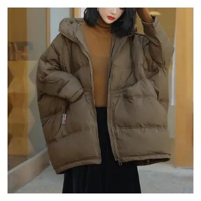 (brown, One size) Winter Women 90% White Duck Down Jacket Casual Loose Over Size Warm Parka Fema