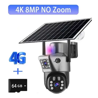 (4K No Zoom Add 64G) Solar Camera 4g Sim Card Outdoor Surveillance 6k Three Lens Digital Zoom Wi