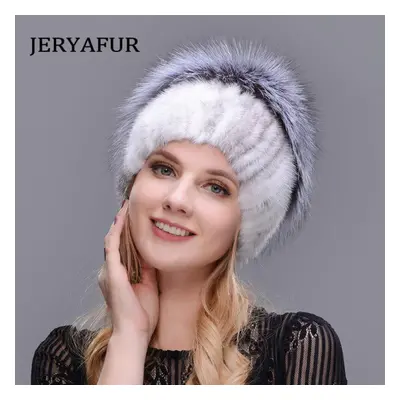 (white,blue) Jeryafur Warm Real Natural Mink Fur Hat Female Mix Color Sliver Fox Fur Women Winte