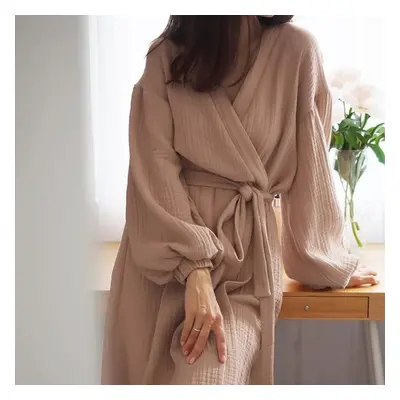 (L, brown) Spring New Women &apos;s Shower Robe Bathrobe Cotton Fashion Home Pajamas Solid Color