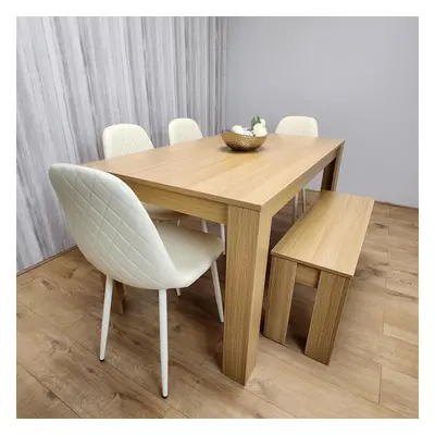 Wooden Dining Table Set for Oak Effect Table With Cream Gem Patterned Chairs and Bench