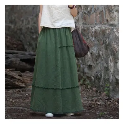 (One Size, green) Johnature Women Vintage A-line Skirts Cotton Linen Solid Color Elastic Waist S