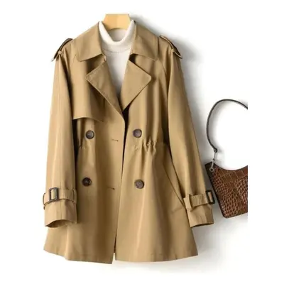 (tan, L) Trench Coat Women Autumn Double-breasted Solid Color Casual Jacket Versatile And Comfor