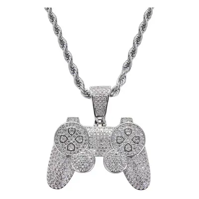 (Light Yellow Gold Color, 45cm) Game Console Pendants Iced Out Chain Bling CZ Silver Men's Hip H